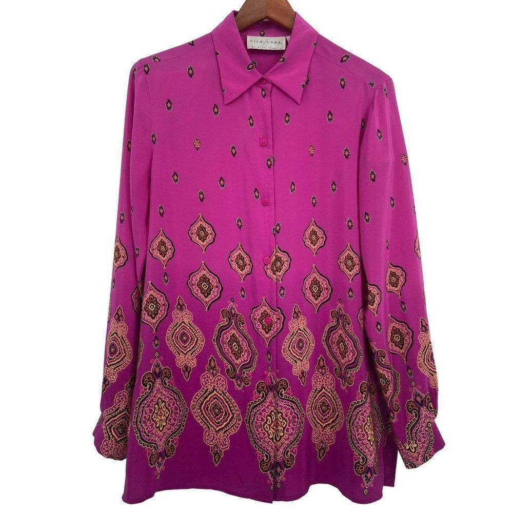 Silk Lore By Beth Terrell 100% Silk Button‎ Front Blouse Pink/Orange Size Small